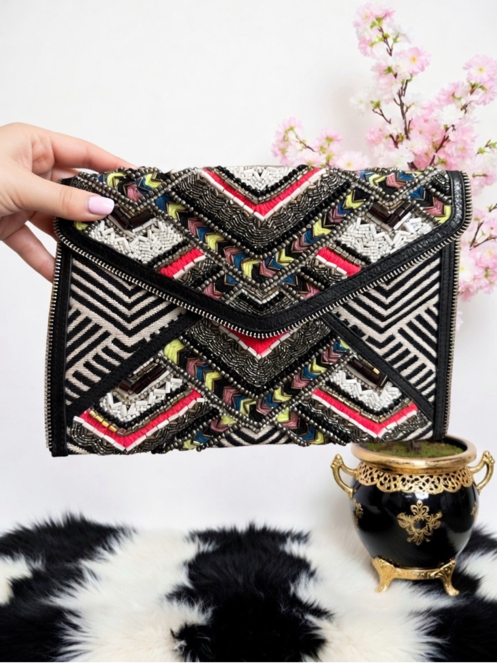 Embellished Geometric Beaded Clutch - Black & Multicolor